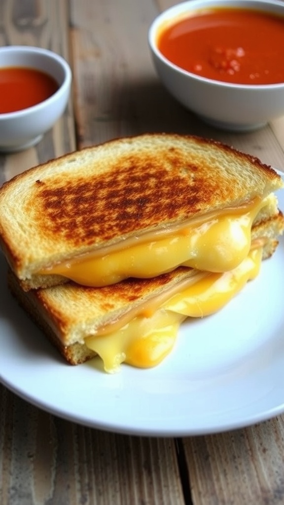 A delicious grilled cheese sandwich, cut in half, showing melted cheese, alongside a bowl of tomato soup.